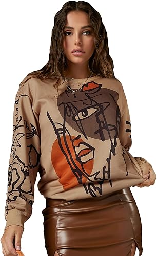 WDIRARA Sudadera con estampado gráfico de figura para mujer, cuello redondo, manga larga, contraste de color, graffiti