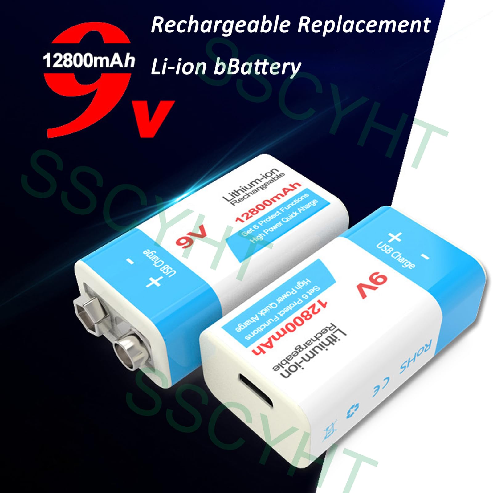 Batteria Ricaricabile 9V Batteria agli ioni Litio 9 Volt 12800mAh per allarmi/microfoni/rilevatori Fumo/Giocattoli/torce elettriche Altri dispositivi Batteria Backup