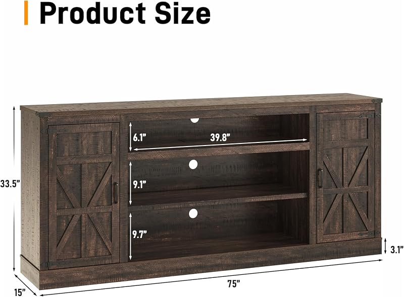 Hlivelood 75" Farmhouse TV Stand with Power Outlets for 85 Inch TVs, 33" Tall Entertainment Center with Storage Cabinets w/Adjustable Shelves, Rustic Large TV Media Console, Brown image 2