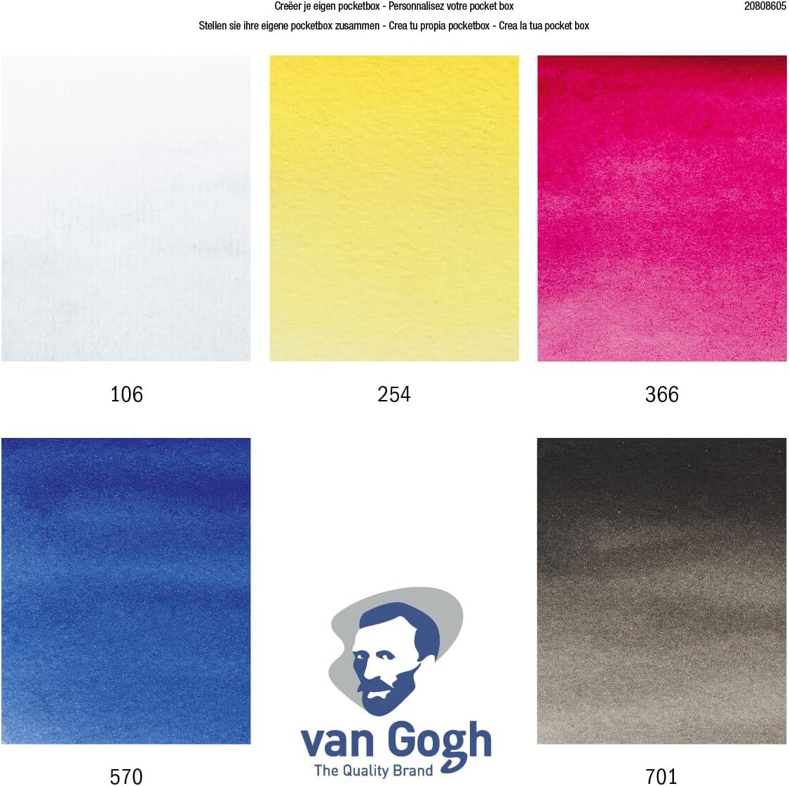 Van Gogh Watercolour Pocket Box Set, 5 Half Pans, Primary Colours Brush & Mixing Tray, High Pigmentation, Great for Artists