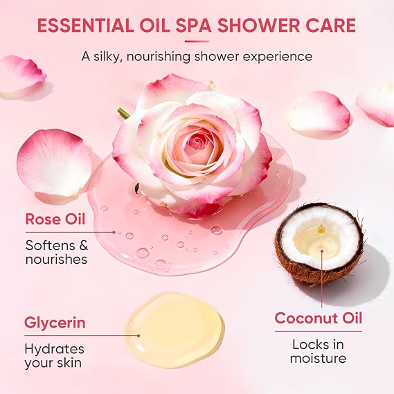 Rose Essence Body Wash for Women, Damask Rose Shower Gel with Real Rose Petals, Natural Moisturizing Hydrating Bodywash with Hyaluronic Acid, Ceramides & Coconut Oil, Rich Floral Fragrance 7 oz