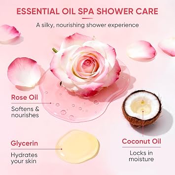 Rose Essence Body Wash for Women, Damask Rose Shower Gel with Real Rose Petals, Natural Moisturizing Hydrating Bodywash with Hyaluronic Acid, Ceramides & Coconut Oil, Rich Floral Fragrance 7 oz