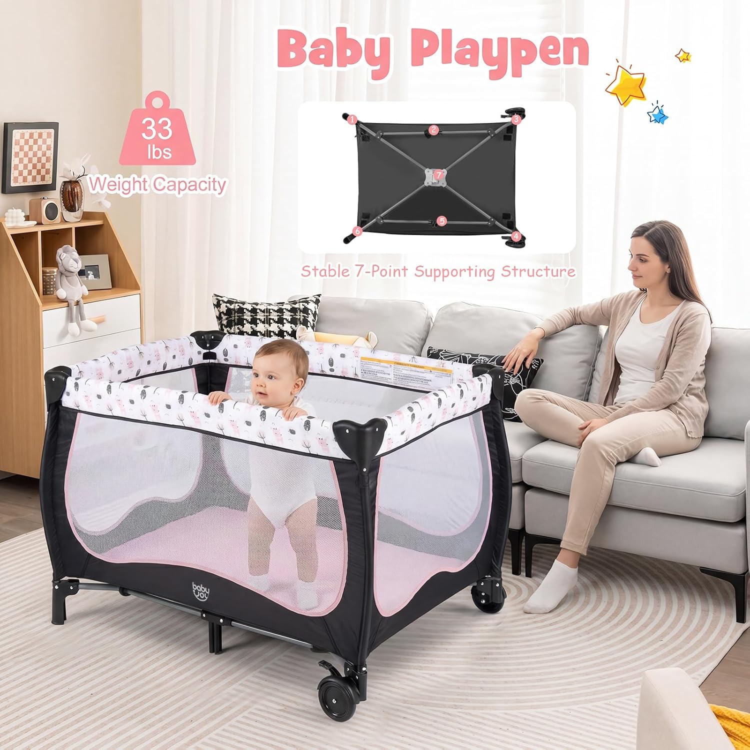 BABY JOY 4 in 1 Pack and Play, Portable Baby Playard with Bassinet, Adjustable Canopy, Changing Table, Lockable Wheels, Music Box, Travel Baby Crib Bassinet from Newborn to Toddler