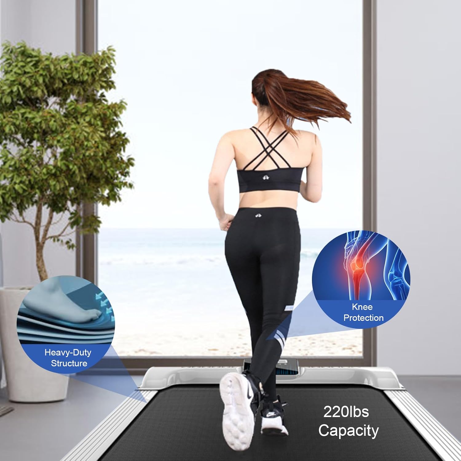 Person running on the walking pad, with callouts for 'Heavy-Duty Structure' and 'Knee Protection' and '220lbs Capacity'.
