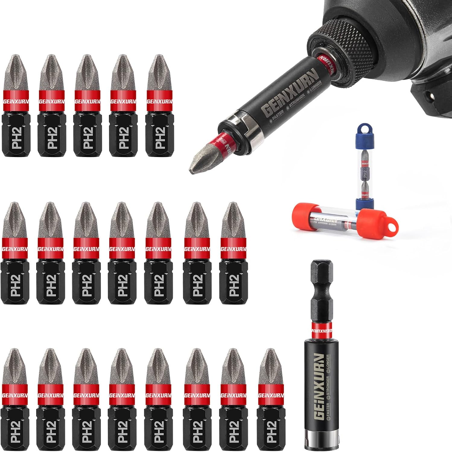 Geinxurn 20Pcs Diamond Coated Impact Screwdriver Bit Set, 1 Inch #2 Phillips Insert Driver Bits, Magnetic S2 Steel PH2 Screwdriver Bits Set with 1Pcs Screwdriver Bit Holer