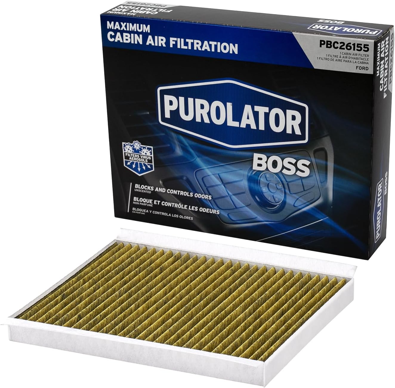 Purolator PBC26155 PurolatorBOSS Automotive Cabin Air Filter with Activated Carbon, Car & Truck Passenger Compartment OEM Filter Replacement for Ford Explorer, Taurus, Flex, and more