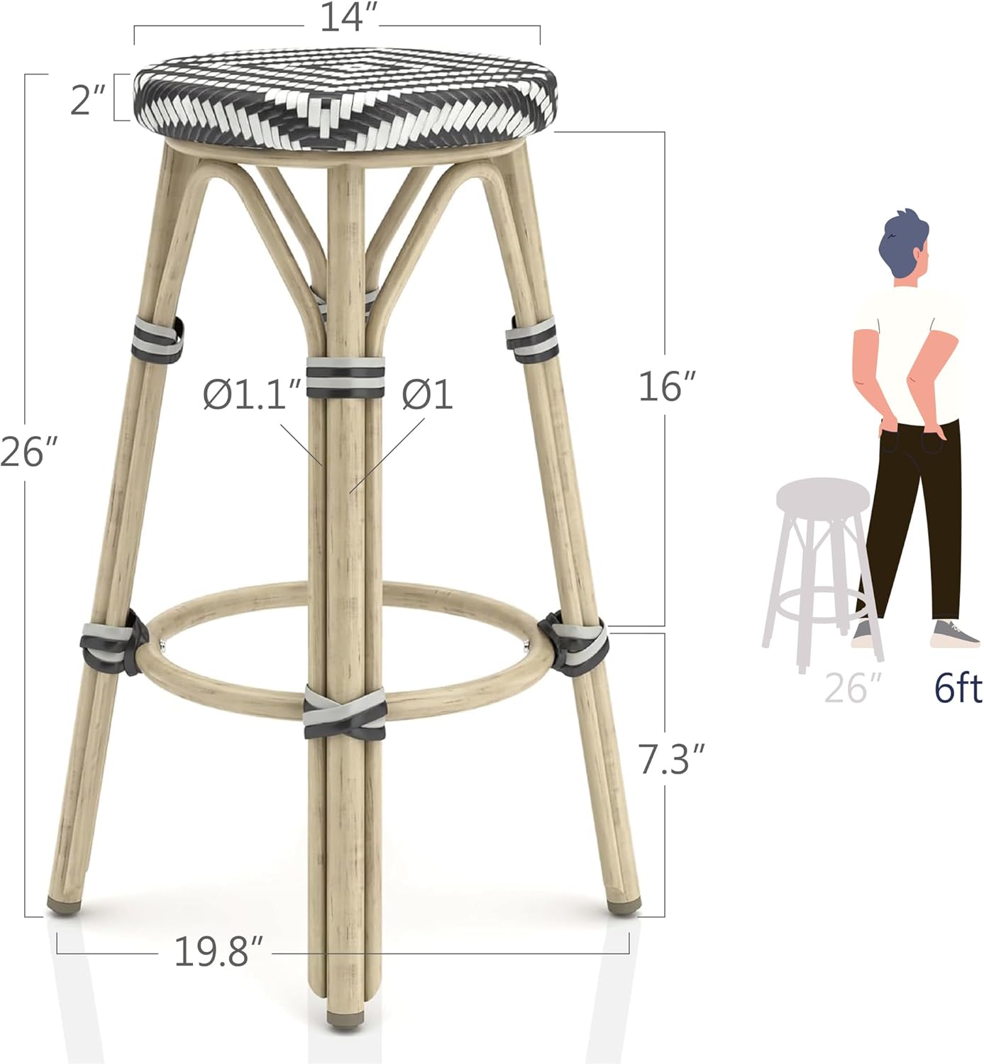 24/7 Shop at Home Seadrift Boho 26-inch Aluminum and All-Weather Wicker Barstools with Footrest, Patio Stools & Bar Chairs for Outdoor, Kitchen Counter, Poolside, Yard, Set of 2, Dark Brown and Beige