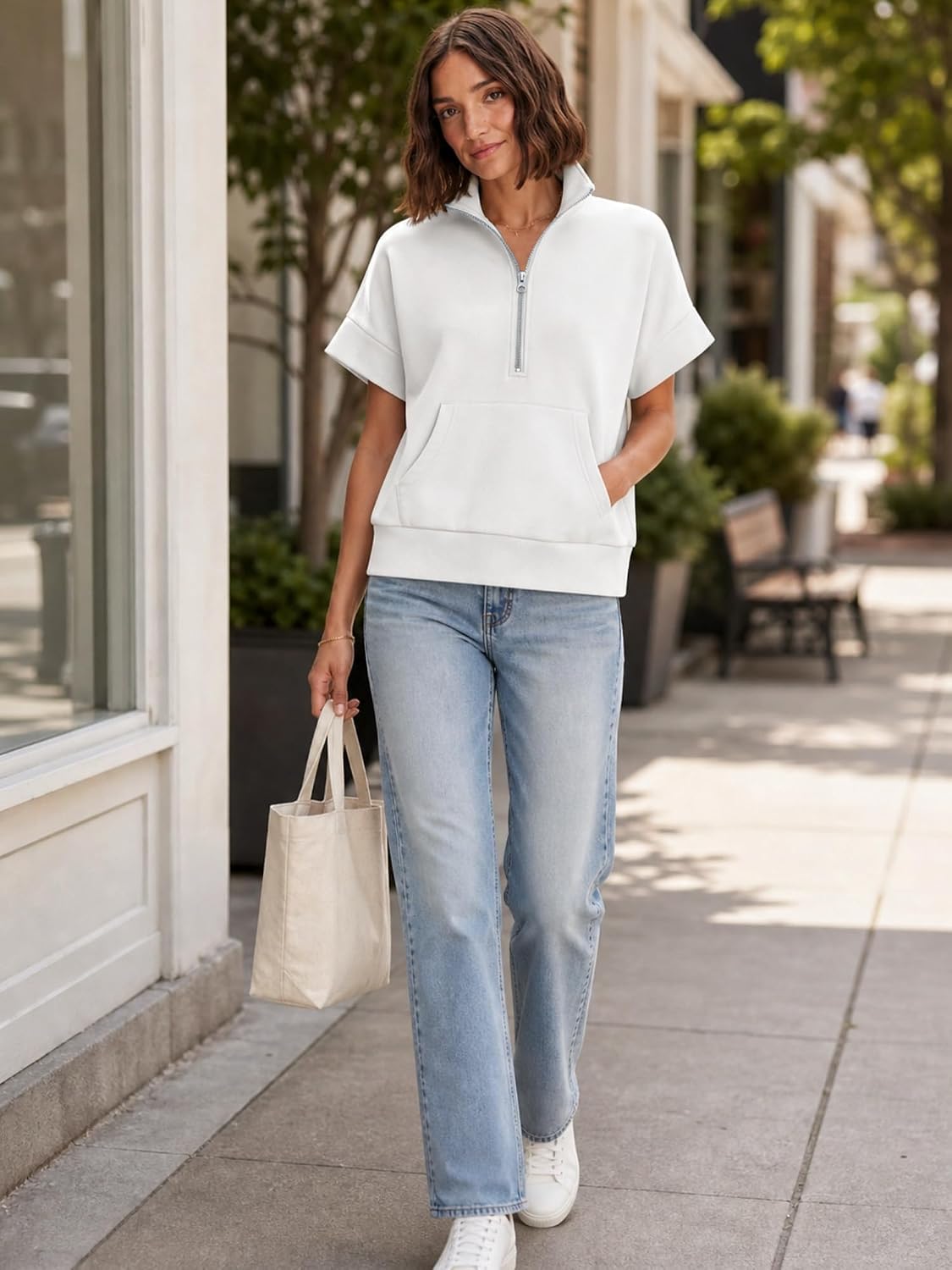 Women's Half Zip Sweatshirt Short Sleeve Pullover | Relaxed shape, mock neck, wide sleeve bands, front pouch pocket and ribbed hem; machine washable for everyday wear.