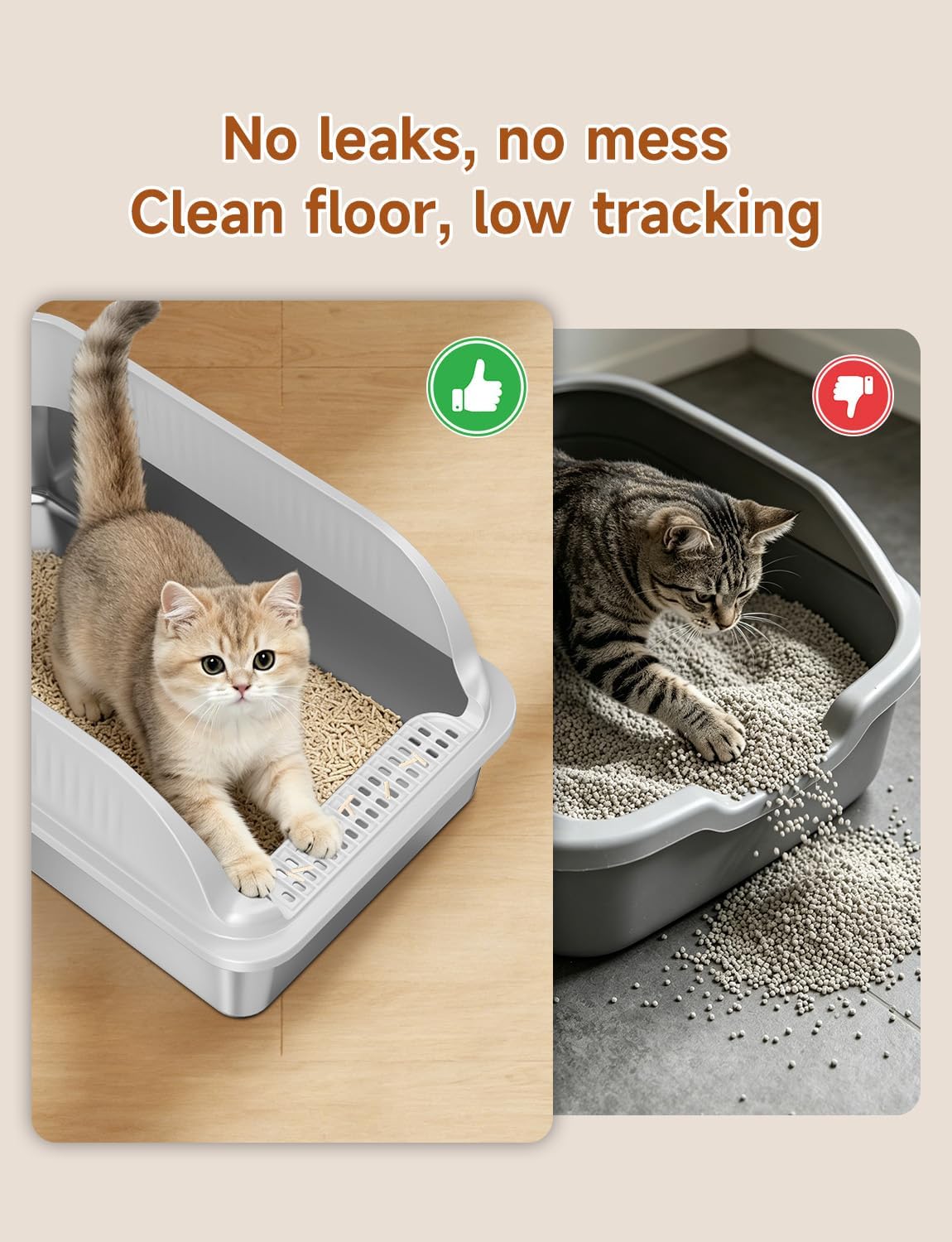 Stainless Steel Cat Litter Box with Lid, XL Extra Large High Sided Litter Box for Big Cats, Odor Free Open Top Litter Pan Easy Cleaning Anti-Urine Leakage Non-Stick, Includes Scoop, Light Grey
