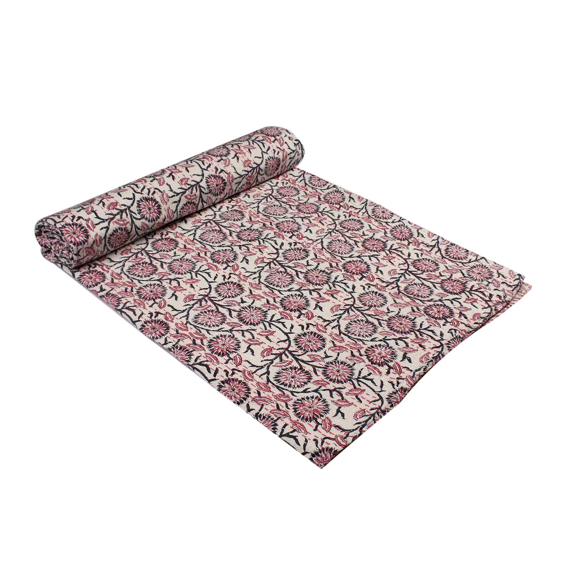 Couvre-lit en coton Kantha fait main imprimé fleuri multicolore pour lit double