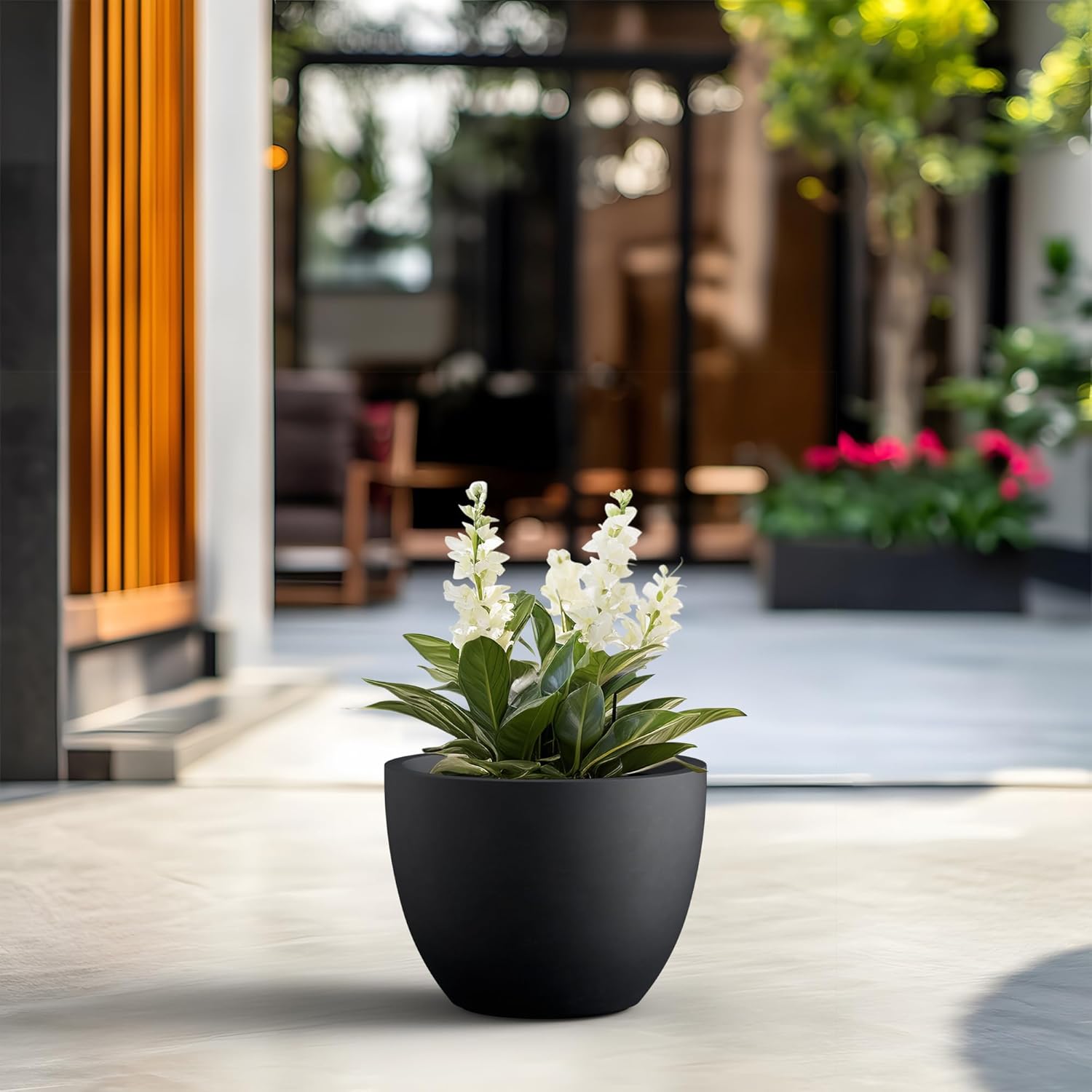 Kante 14.2 Inch Round Concrete Planter - Classic Large Indoor/Outdoor Plant Pot with Drainage Hole and Rubber Plug, Suitable for Gardens and Patios, Black Finish with Painted Interior