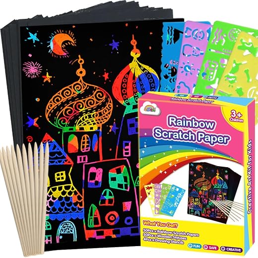 ZMLM Scratch Paper Art Set, Rainbow Magic Scratch Paper for Kids Black Scratch it Off Art Crafts Kits Notes Boards Sheet with 5 Wooden Stylus for Girl Boy Easter Party Game Christmas Birthday Gift