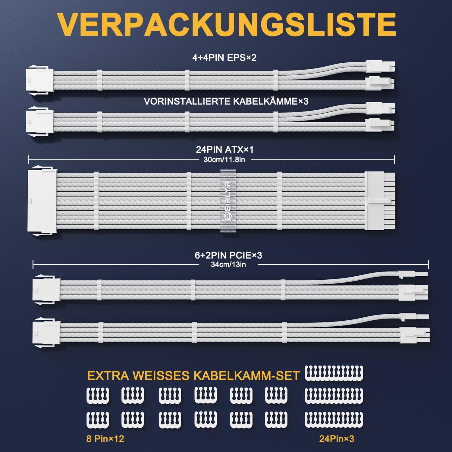 Sirlyr PSU Cable Extension Kit,One Way Bend Design PC Cables - Bright White Braided 1x 24Pin ATX / 2X 8 (4+4) Pin EPS/Gold-Plated 2X 8 (6+2) Pin PCIE for Power Supply,16AWG 5 Kits