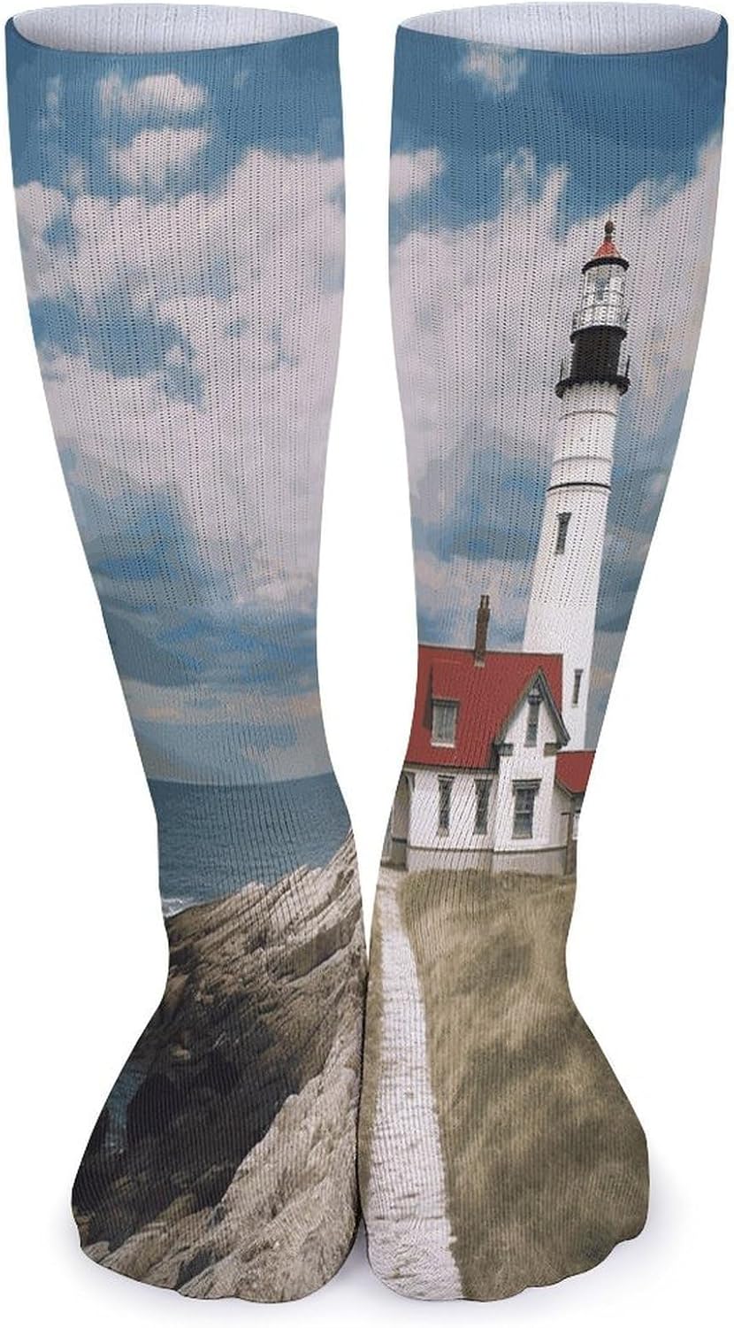Lighthouse Backdrop Crew Socks High Stocking Thermal Socks | Tube Socks-Breathable-Moisture-Soft-wicking for Hospital Pilates Yoga for women men Grippy for office and daily walking