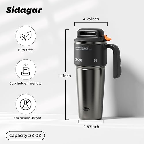 Miniatura 3 de Vaso de 32 onzas con asa y popote, botella de agua aislada de acero inoxidable con tapa, tapa de botón, vaso deportivo, cabe en el soporte para