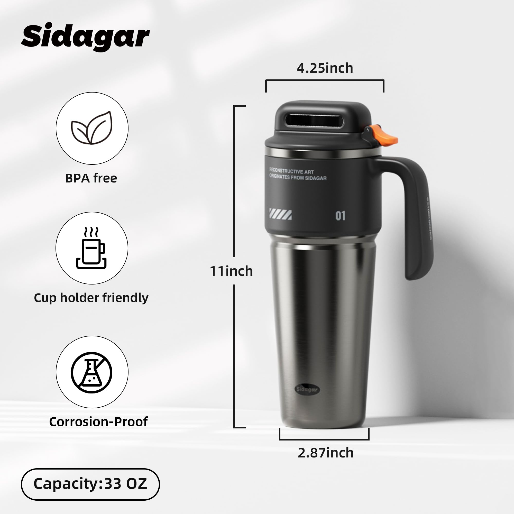 Gourde Isotherme 1L avec Poignée, Mug de Voyage Inox, Bouteille d’Eau avec Ouverture à Bouton, Anti Fuite, Thermos Compatible Porte-Gobelet, Noir