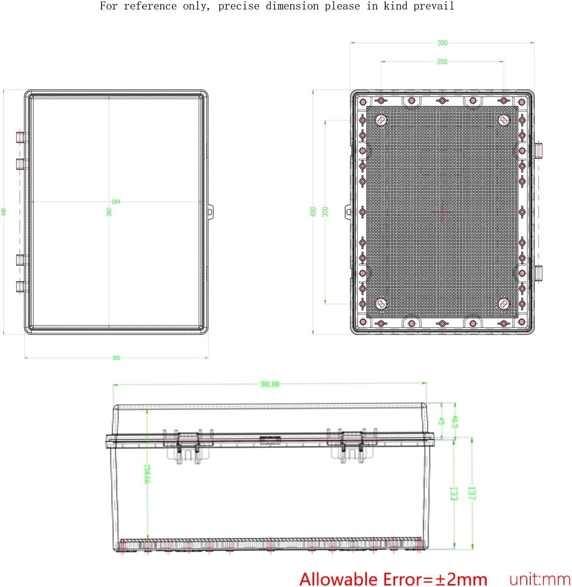 Junction Box, Hinged Black Cover IP67 Waterproof ABS Project Box with Mounting Plate Electrical Box Enclosure with Wall Bracket 15.7 x 11.8 x 6.7inch(400x300x170mm)