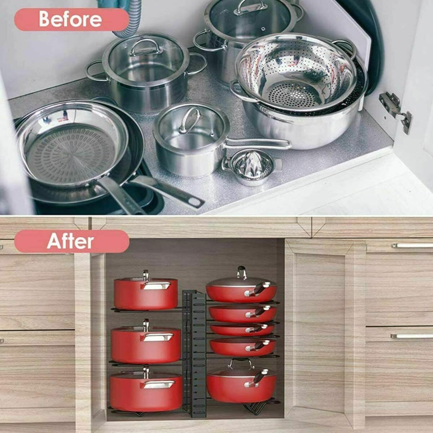 HYGRAD BUILT TO SURVIVE Pots and Pans Organizer Rack Under Cabinet with 3 DIY Methods, Adjustable Pot Pan Rack with 8 Tiers for Kitchen Cabinet Organizers and Storage