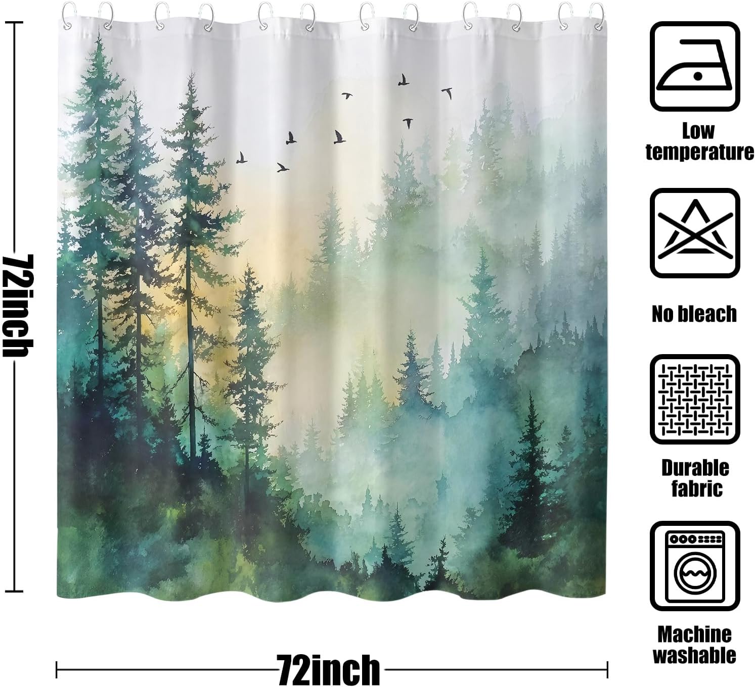 Rexful Forest Shower Curtain Sets Green Watercolor Landscape Shower Curtains for Bathroom Misty Pine Trees Art Tranquil Nature Scene Decor Waterproof Fabric 72 x 72 inch with Hooks (Green3)