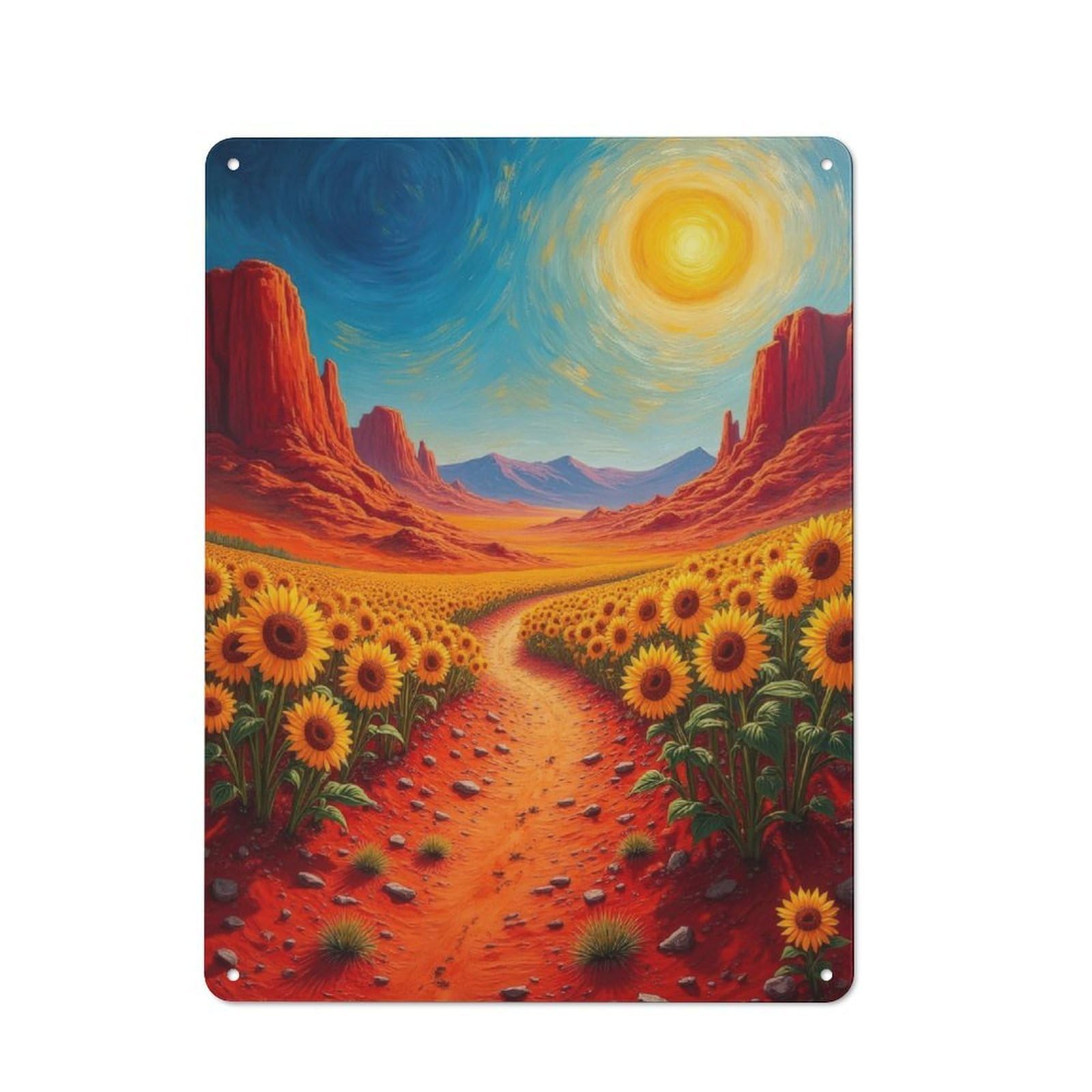 Junmoney Sunflowers In Desert Landscape Tin Wall Plaque 40X30cm With For Bar Or Restaurant, Suited To Bar Decor Enthusiasts