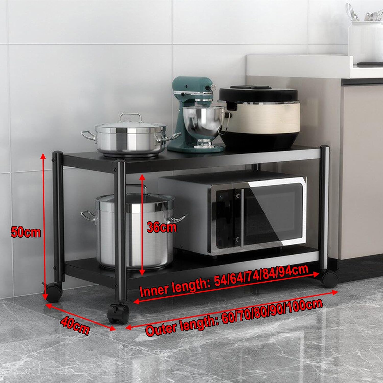 2 Tier Under Desk Microwave Stand with Casters, Kitchen Countertop Metal Steel Rolling Utility Storage, Printer Cart with Wheels for Home Office, Black(L60 X W40 X H50CM)