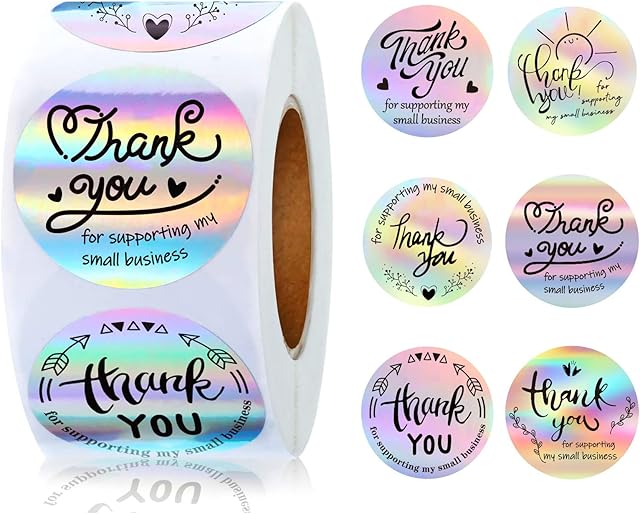 500Pcs Thank You Stickers2.5cm/1 inch Thank You for Supporting My Small Business Stickers,Roll Stickers Adhesive Holographic Stickers Rainbow Stickers for Business Online Retailers Boutiques Shops