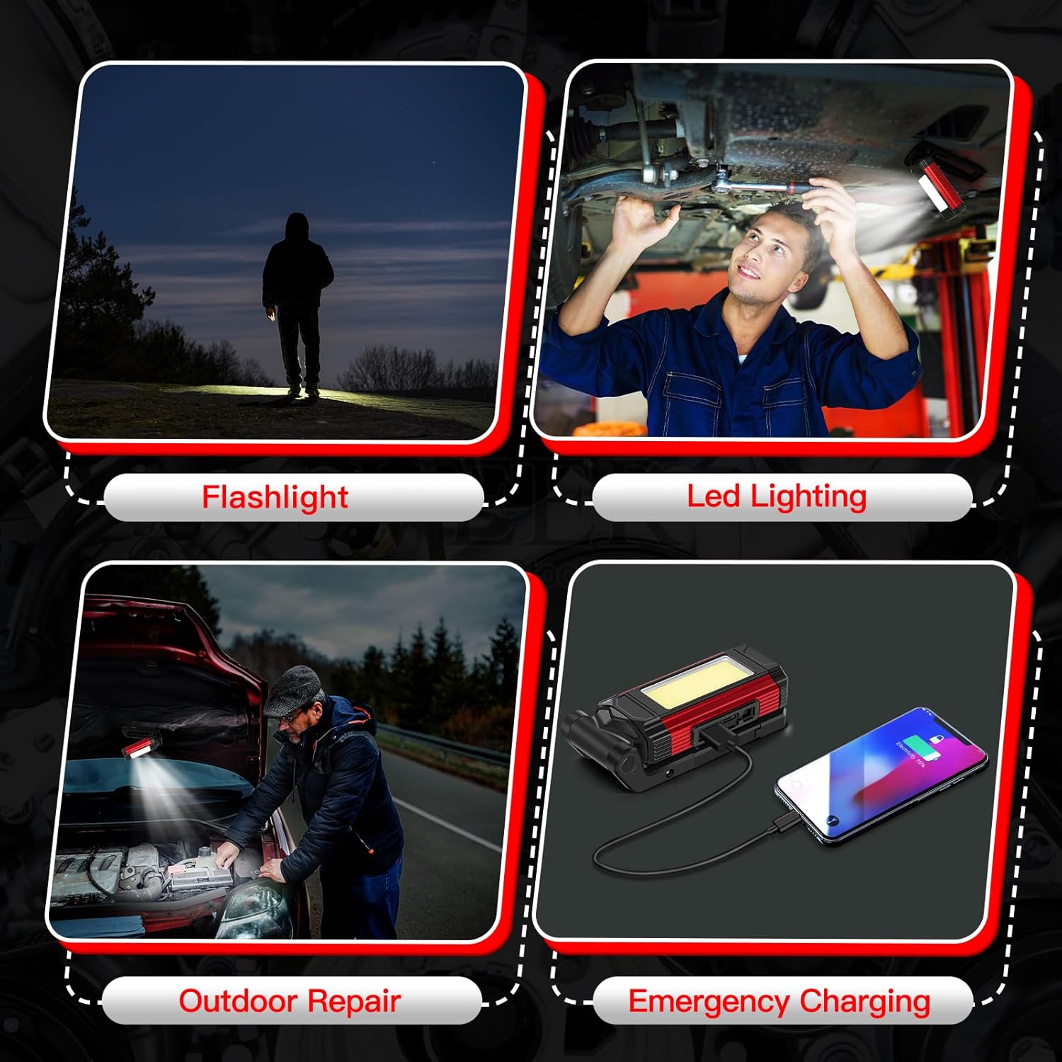 YiaMia Rechargeable LED Magnetic Work Light 2 Pack, Portable Tool Gifts for Men, 7 Flashlight Modes with Kickstand and Carabiner, USB Charging for Camping, Hunting, and Car Repairs (2, Red) - Image 7