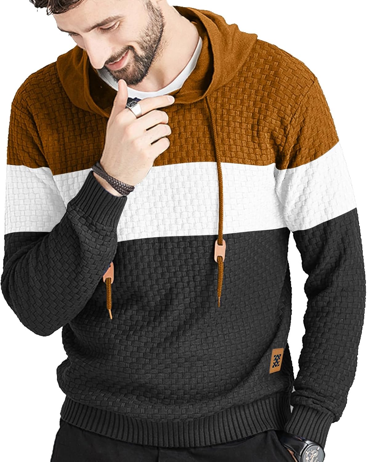 Zaitun Mens Hooded Sweatshirt Long Sleeve Solid Knitted Hoodie Pullover Sweater - Image 2
