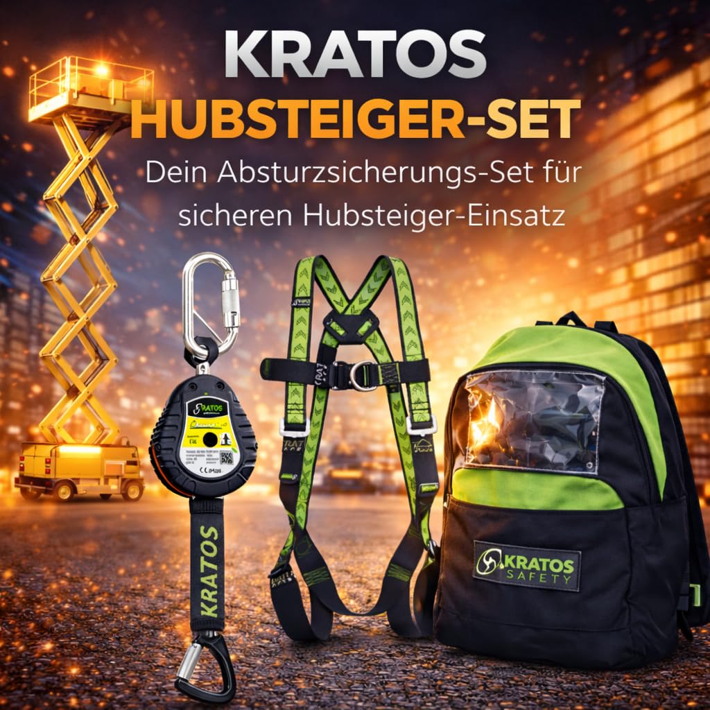 Kratos Safety Hubsteiger Sicherheitsset, Fallschutz-Set mit Gurt EN361, Höhensicherungsgerät, Rucksack, PSA