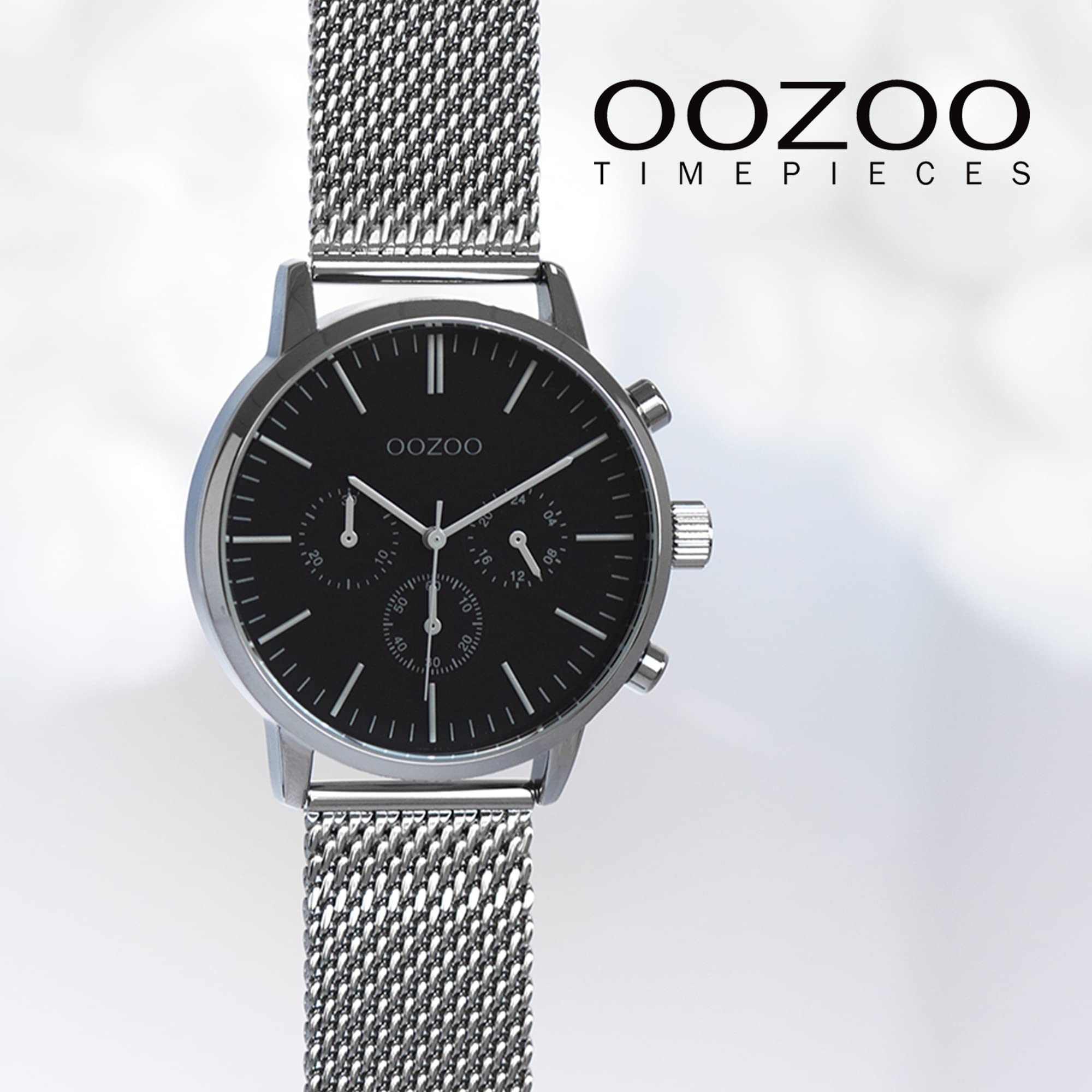 OOZOO Timepieces Orologio da uomo – Orologio da polso da uomo con cinturino in rete da 22 mm – analogico da uomo con cinturino in maglia milanese rotondo, argento/nero., Bracciale