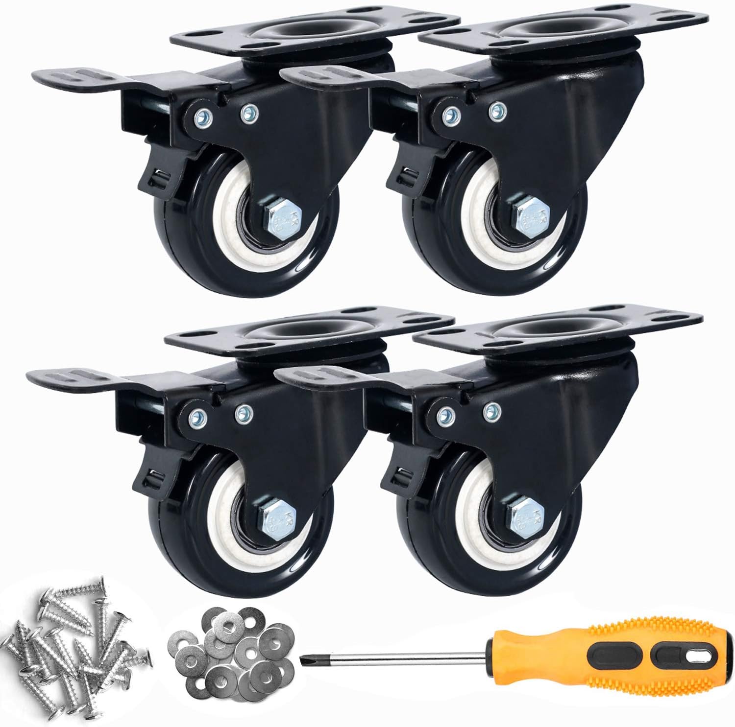 Copsrew 2" Swivel Rubber Caster wheels with Top Plate & Bearing Heavy Duty 600lb Load Capacity Pack of 4 (Black, 2")