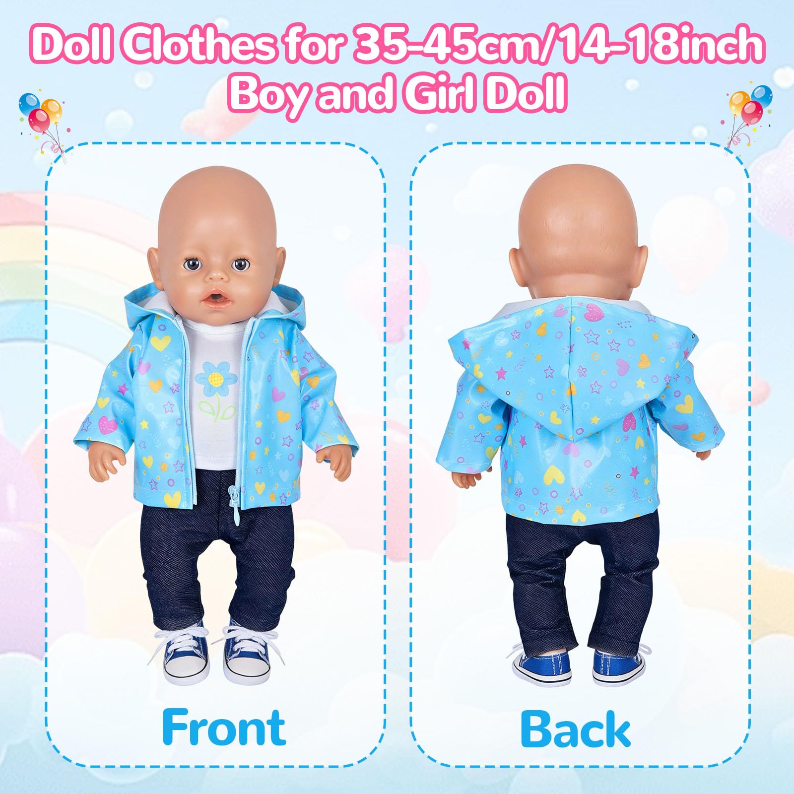 5 Stück Puppenkleidung 35-45 cm, Baby Regen-Oufit mit 1 Blauer Sternenjacke 1 T-Shirt mit Blumenmuster 1 Hose 1 Schuhe 1 Kleiderbüge für 14-18 Zoll Baby Puppen, Kleidung Zubehör Geschenke für Kinder - 4