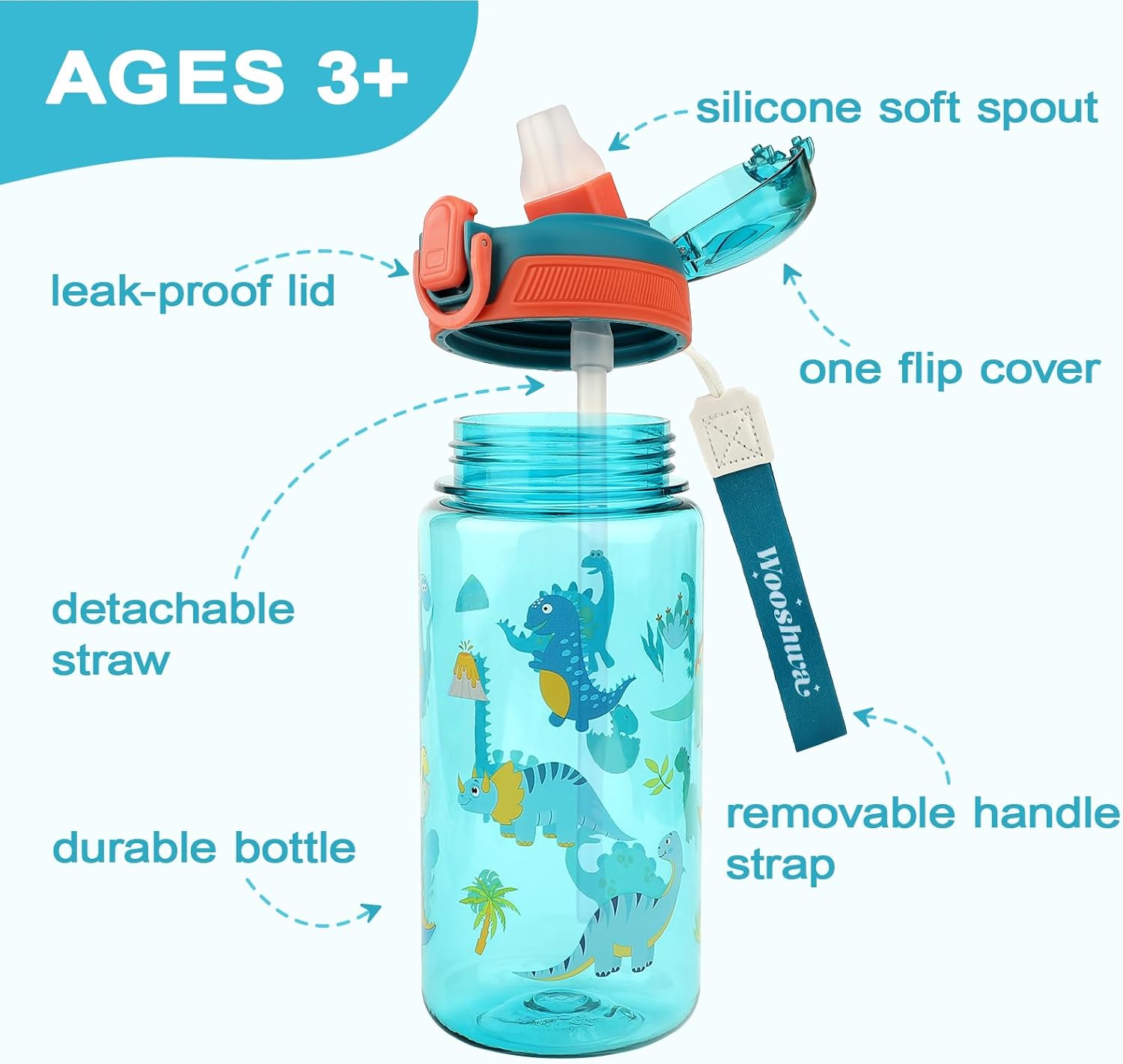 Kids Water Bottle for School or Travel, 20 Oz Durable Plastic Water Bottle with Silicone Straw and Pop-Up Spout Cover, BPA Free & Dishwasher Safe(Dinosaur) - Image 2