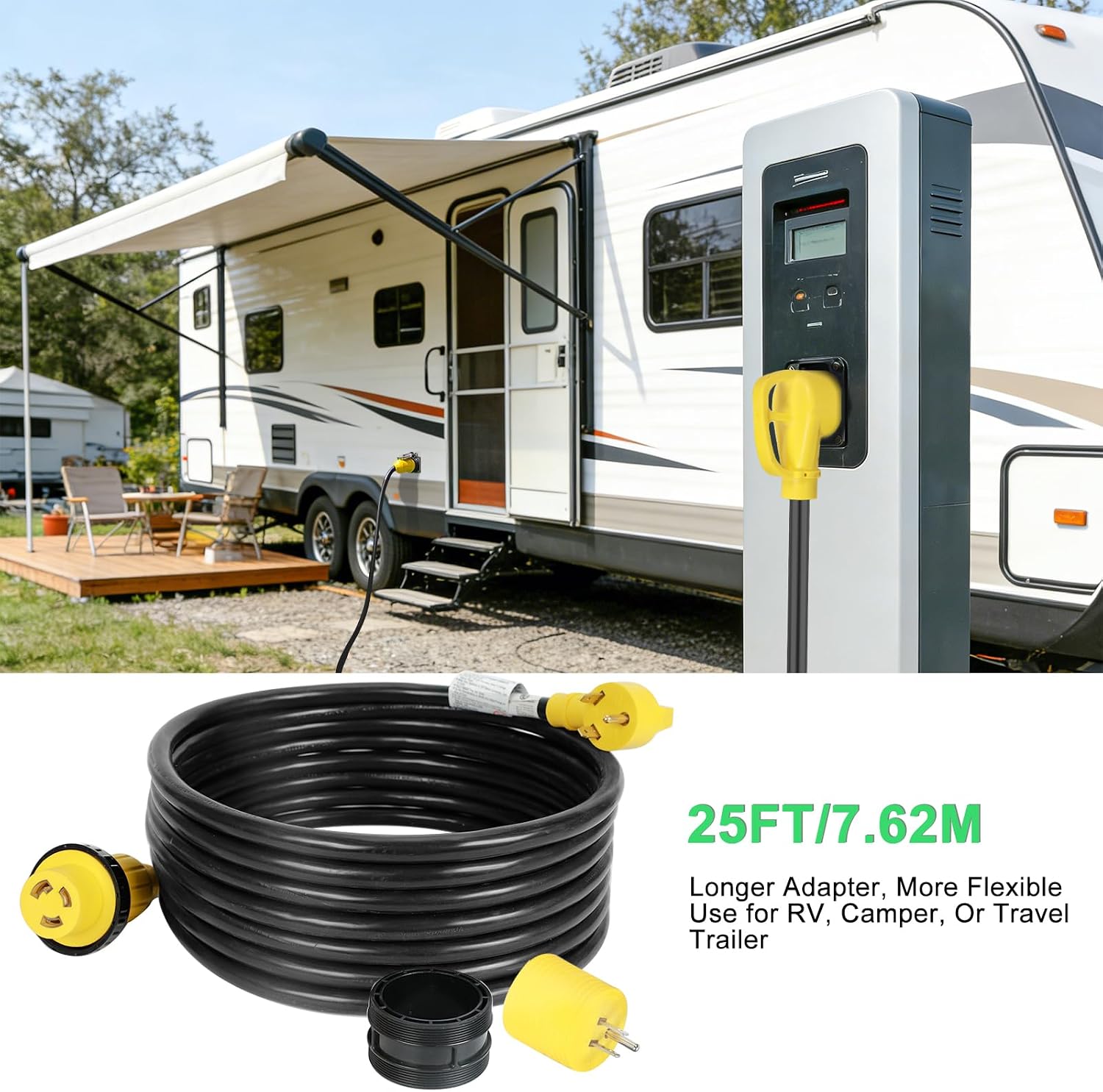 25FT 30 AMP RV Power Cord with Handles 10 Gauge Heavy Duty Weatherproof Electrical Camper Trailer Marine Boat Shore Cable with LED Twist Lock Connector Wire