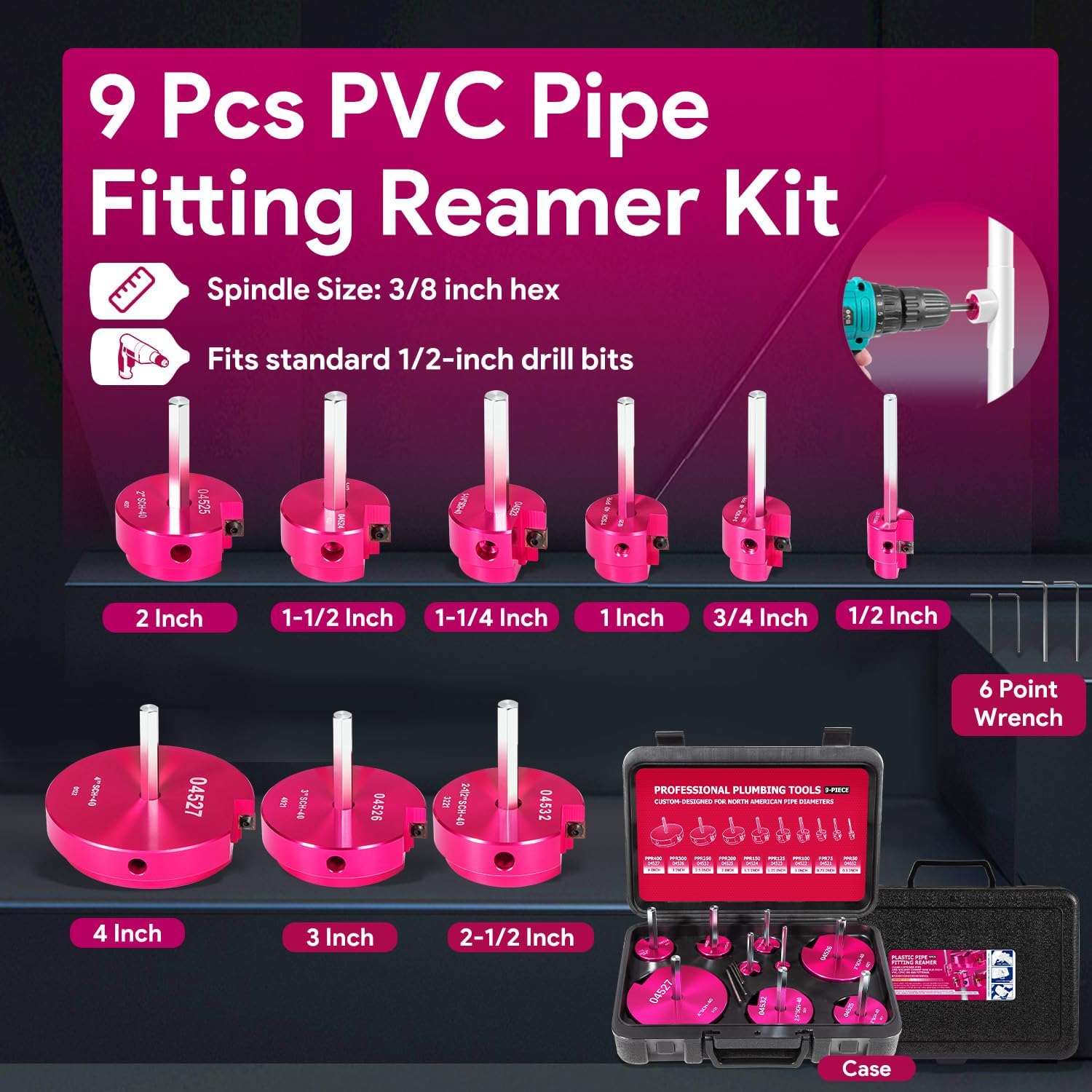 9Pcs PVC Pipe Fitting Reamer Kit - Complete Plastic Reamer Set Fits into Standard 1/2" Drills Contains 1/2", 3/4'', 1'', 1-1/4", 1-1/2'', 2'', 2-1/2", 3'' and 4'' for PVC, SCH40, ABS, CPVC