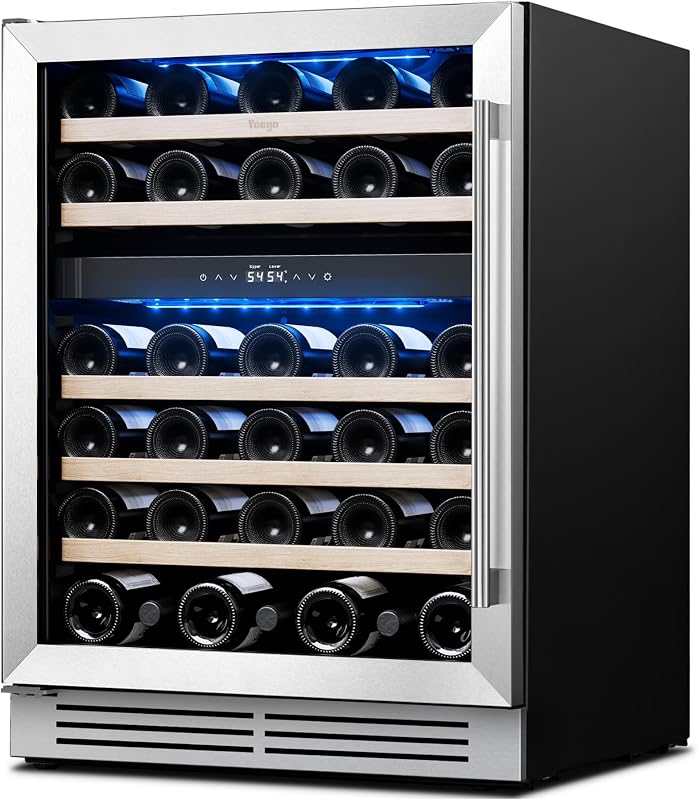 24'' Wine Cooler Refrigerator - 52 Bottles Dual Zone Wine Fridge | 40-65°F Glass Door LED Lighting Under Counter Adjustable Shelves Automatic Defrost Energy Efficient for Home Bar Office