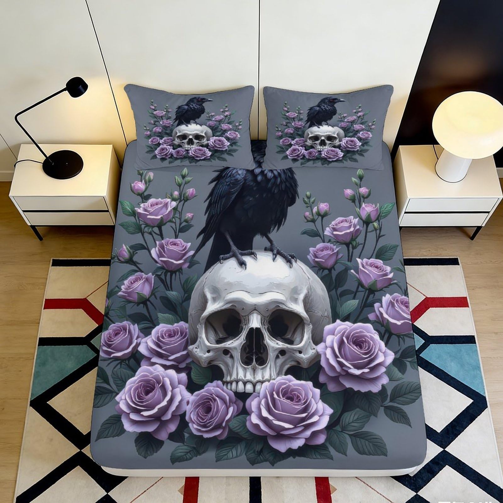 3D Printed Gothic Skull and Roses Fitted Sheet Microfiber Durable Breathable Raven Bed Cover for Bedroom Dormitory Guest Room Mattress Protection 120x200x25cm