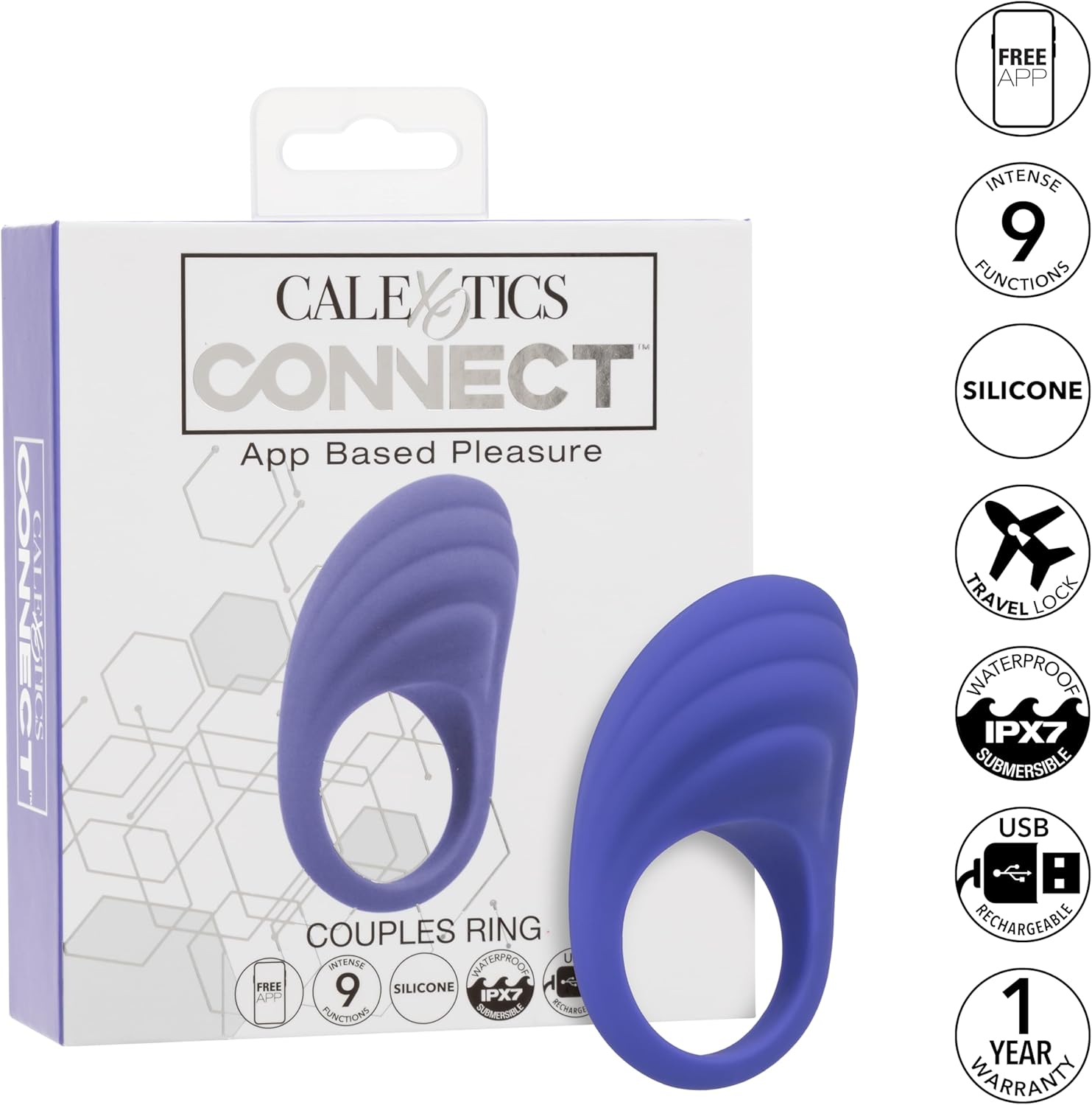 CalExotics Connect Couples Ring, Vibrating Cock Ring for Men, 9 Modes Rechargeable Vibrator Controlled by App - SE-0001-00-3