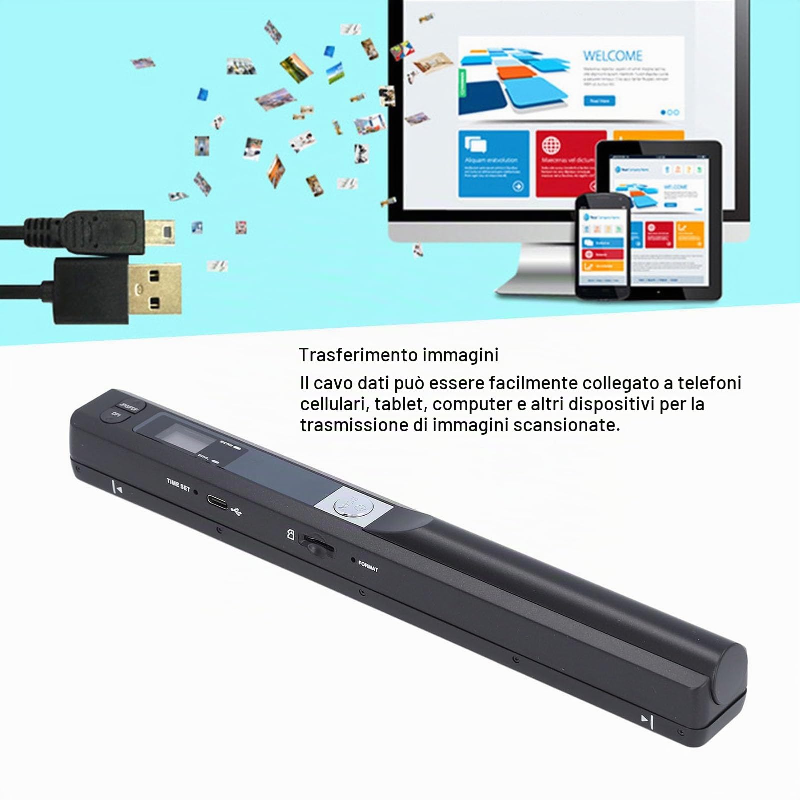 Scanner per Documenti Portatile, Scanner per Documenti e Foto USB Piccolo, Bacchetta per Scanner Portatile Mobile a Colori HD 900 DPI per Casa, Viaggi, Ufficio e Affari, 8,27