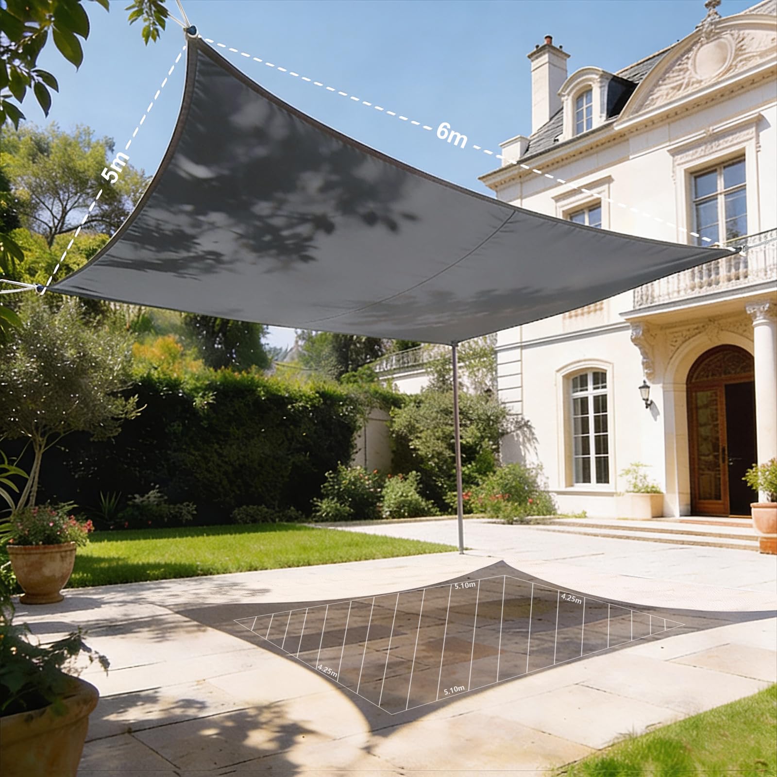 HAIKUS Voile d'ombrage Imperméable Rectangulaire 5x6m, Toile Ombrage PES Résistant à l'eau, Filet dombrage Rectangle 6x5m, Résistant 98% Protection Rayons UV pour Patio Extérieur, Gris Graphite 5x6