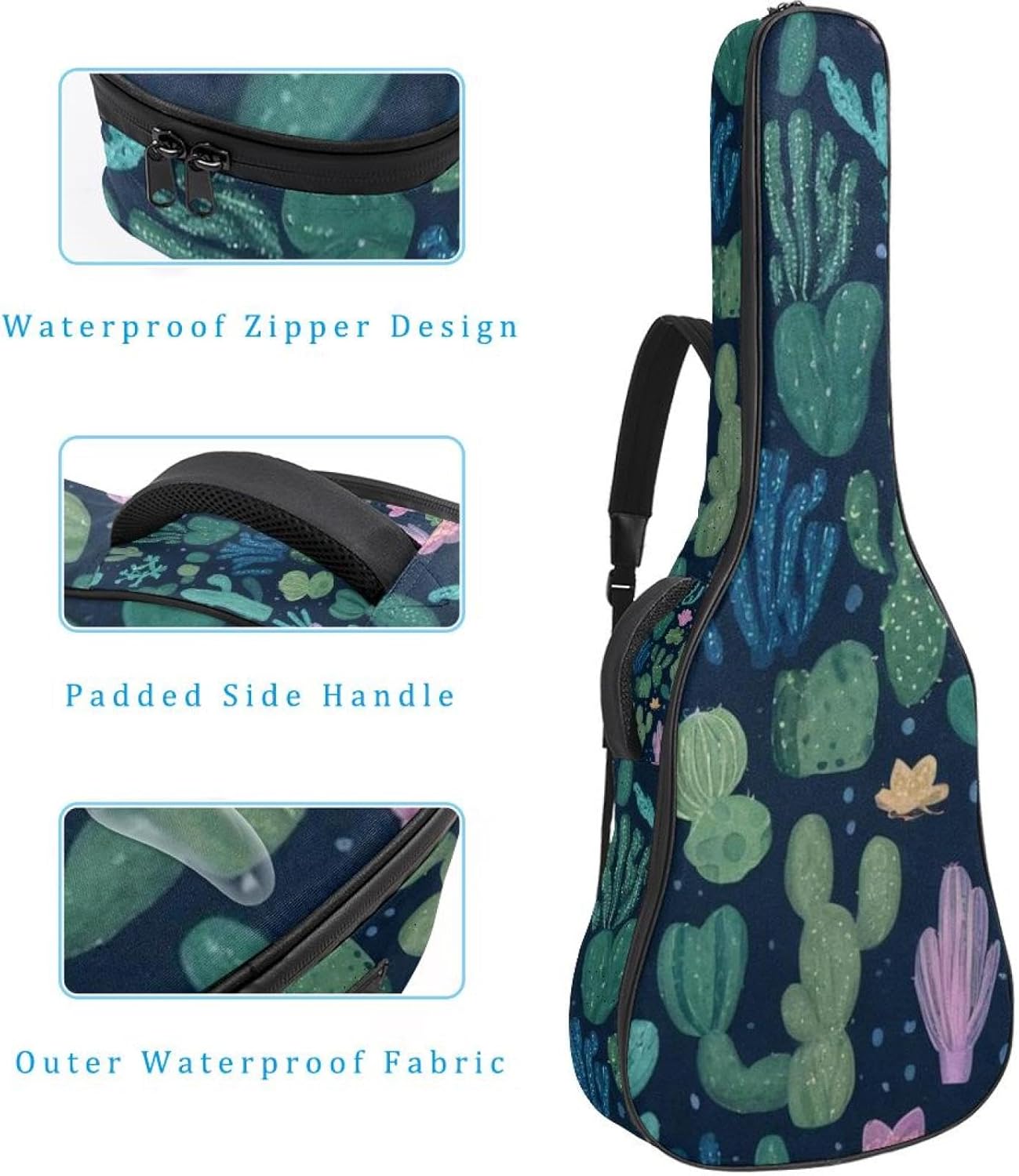 40/41/42-inch Artistic Cactus Acoustic Guitar Bag With Adjustable Shoulder Strap And 2 Storage Bags. Guitar Bag With Back Hanging Loop, Electric, and Classical Guitars