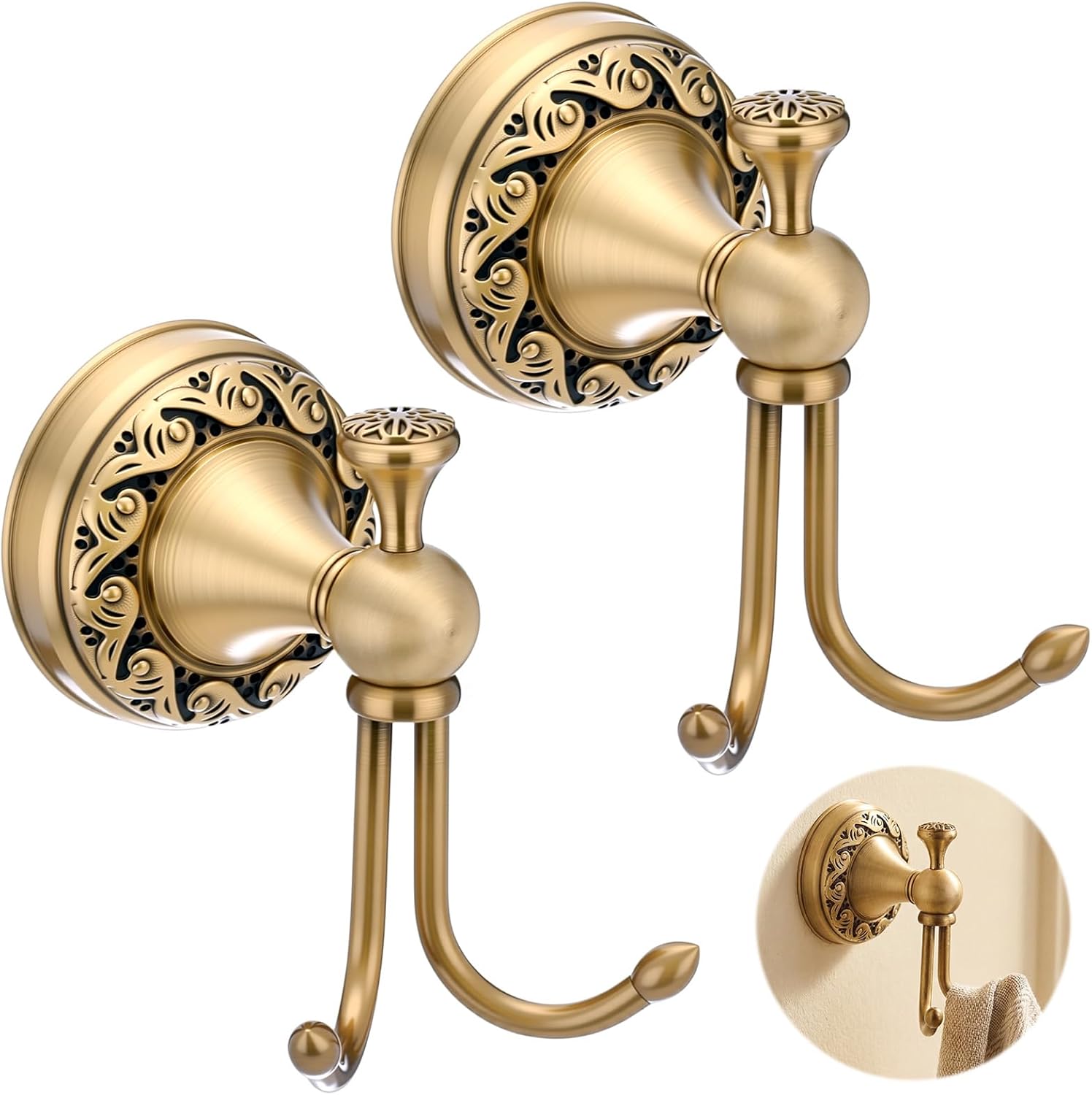 Hicarer 2 Pcs Antique Brass Towel Hook Vintage Gold Brass Wall Hook Wall Mounted Hanger Bathroom Accessories for Coat Purse Decoration Clothing Robe Kitchen Bedroom Hotel(Retro)