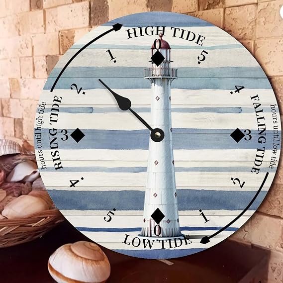 Beach Scene Nautical Tide Clock - Ocean Theme Wooden Tidal Clock With Shells and Sea Animals - Rustic Coastal Decor for Beach House Kitchen - 10 Inch