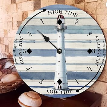 Beach Scene Nautical Tide Clock - Ocean Theme Wooden Tidal Clock With Shells and Sea Animals - Rustic Coastal Decor for Beach House Kitchen - 10 Inch