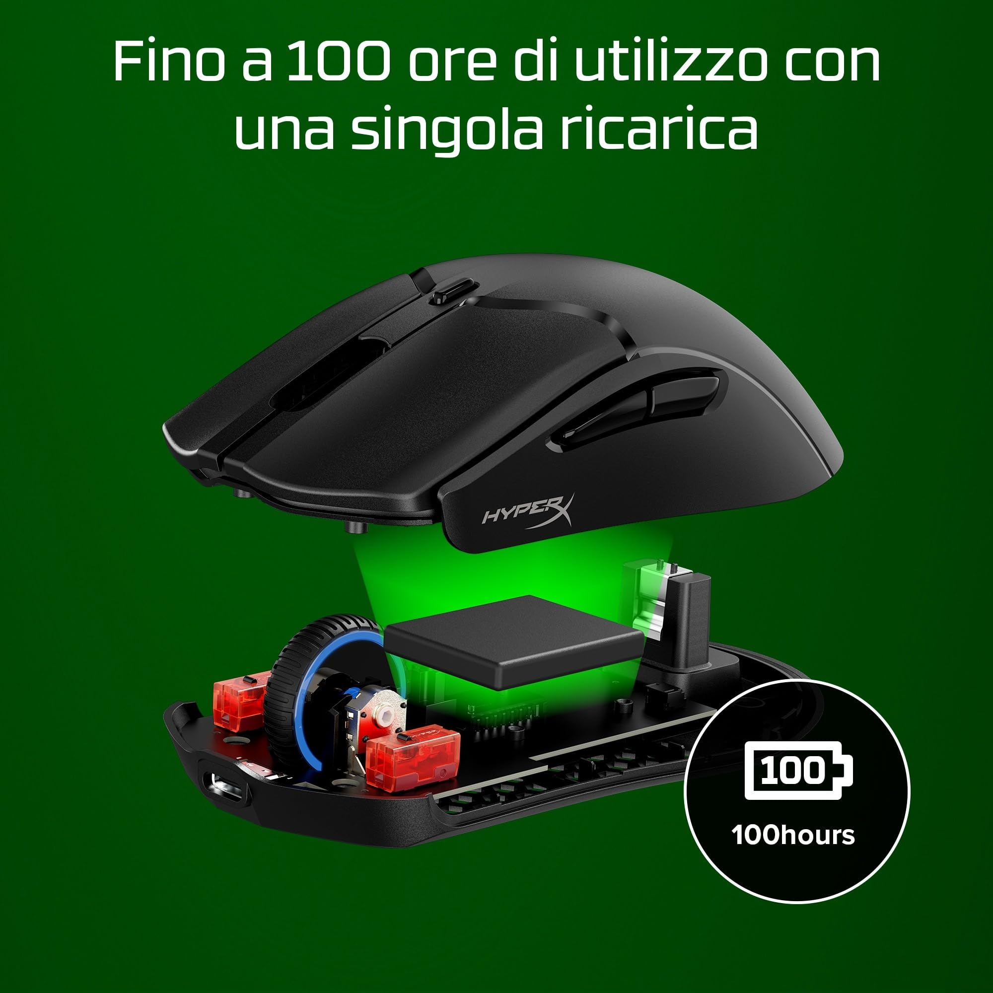 HyperX Pulsefire Haste 2 Mini, Mouse Gaming Senza Filo, Connettività 2,4 GHz, Illuminazione RGB, 6 Tasti Programmabili, 26000 DPI, Resistenza fino a 100 Milioni di Clic, Batteria fino a 100 Ore, Nero