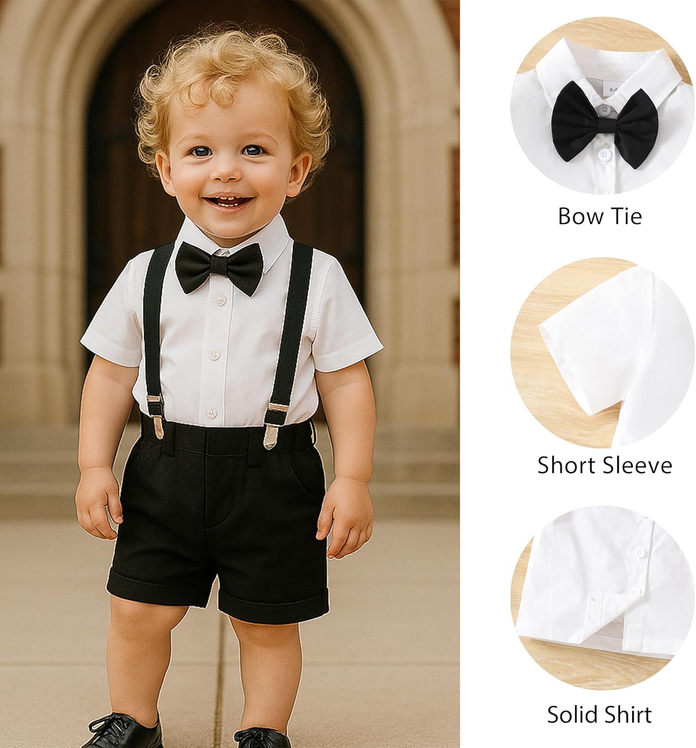 Baby Boys Formal Suit Set Short Sleeve with Bowtie Suspender Shorts Pants Outfits Toddler Clothes