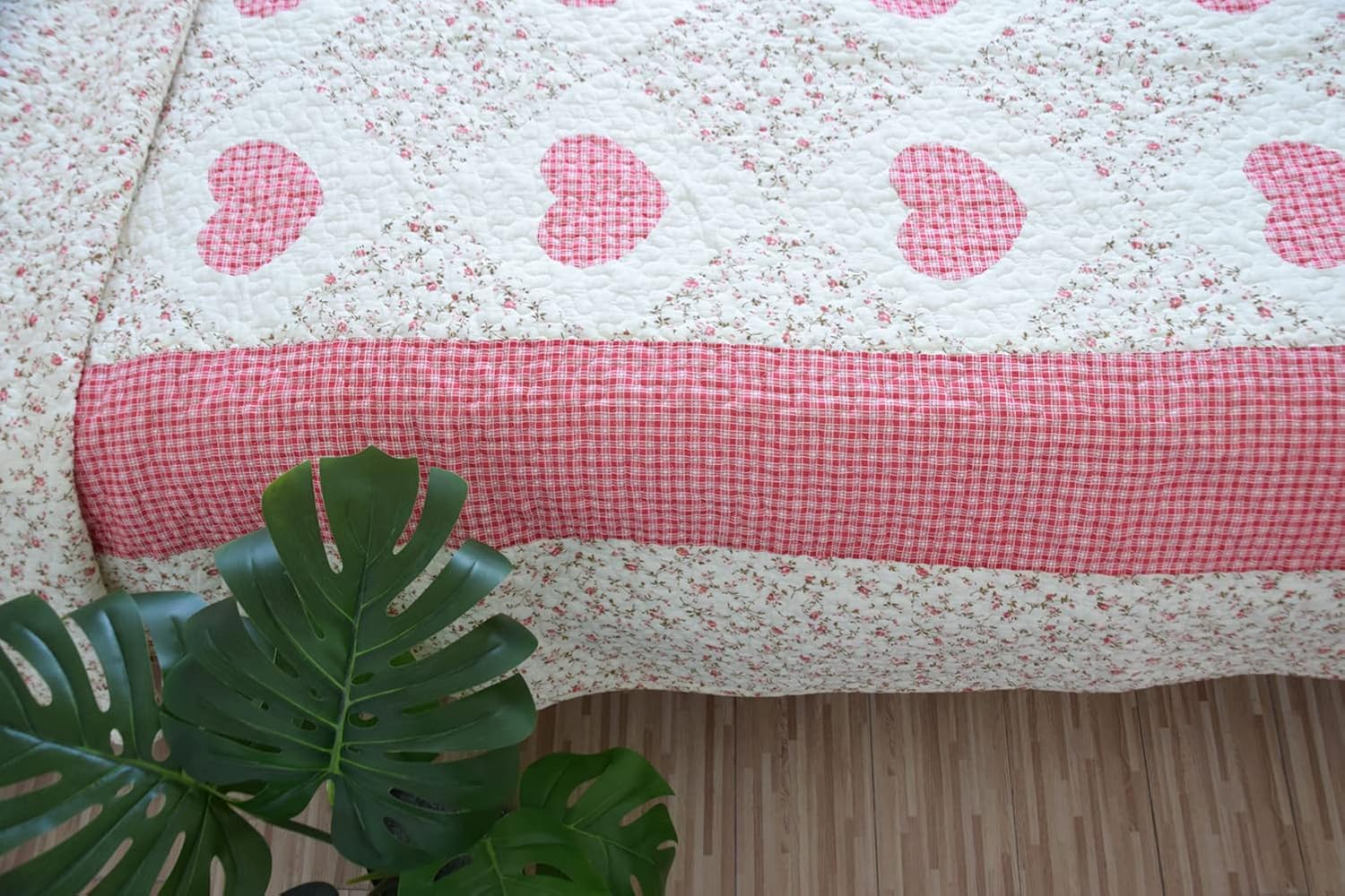 vctops Plaid Love Heart Cotton Quilt Set with Pillow Shams 3 Piece Full/Queen Size Floral Patchwork Lightweight Quilted Bedspread Coverlet Bed Cover (Print I,89"x96")