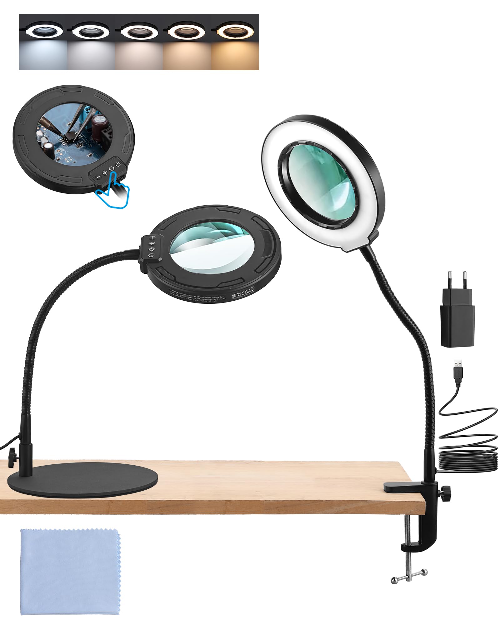 eSynic Lupa con Luz LED 8X Profesional Lámpara de Mesa con 72 LED Ajustables, 10 Niveles de Brillo + 5 Temperaturas de Color, Base de Metal Pesado y Brazo Flexible de 35cm para Lectura/Manualidades