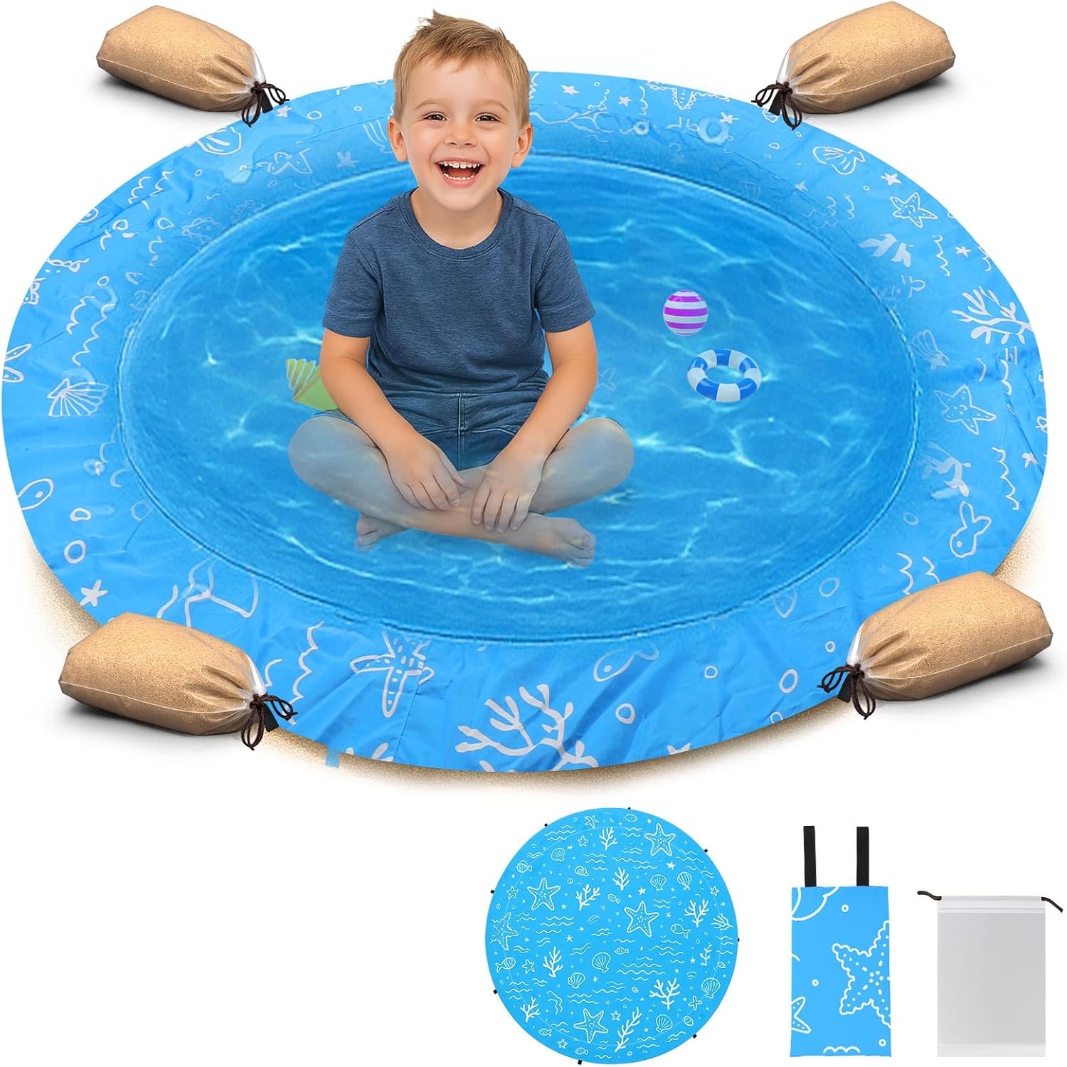 Mity rain Baby Beach Pool Puddle – 6.6FT Kiddie Pool for Toddlers 1-3, Infant Pool with Sandbags & Carry Bag – Portable Baby Beach Mat for Outdoor Summer Fun