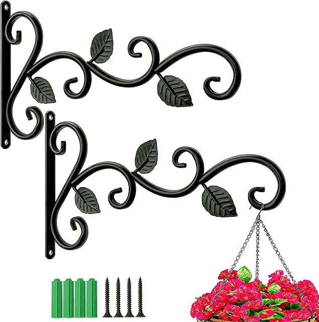 RHHGOPM 2 Pack Hanging Basket Brackets Outdoor, Heavy Duty Wall Brackets Hanging Basket Hook for Lanterns,Plant, Bird Feeder (3 leaves)